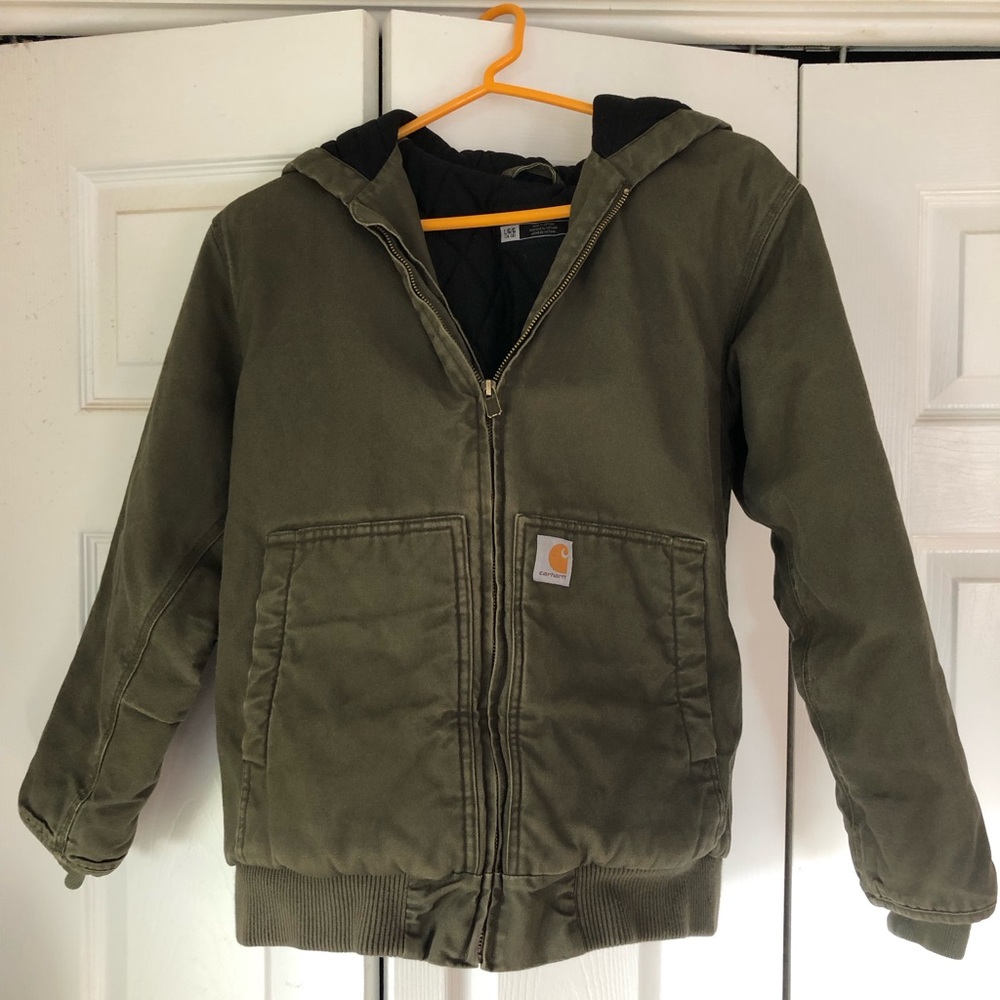 Carhartt Boys’ Active Jacket - Canvas with Flannel Lining - Army/Olive Green.